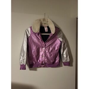 365 Kids Garanimals Metallic Purple Silver Bomber‎ Jacket Faux Fur Collar Size 8